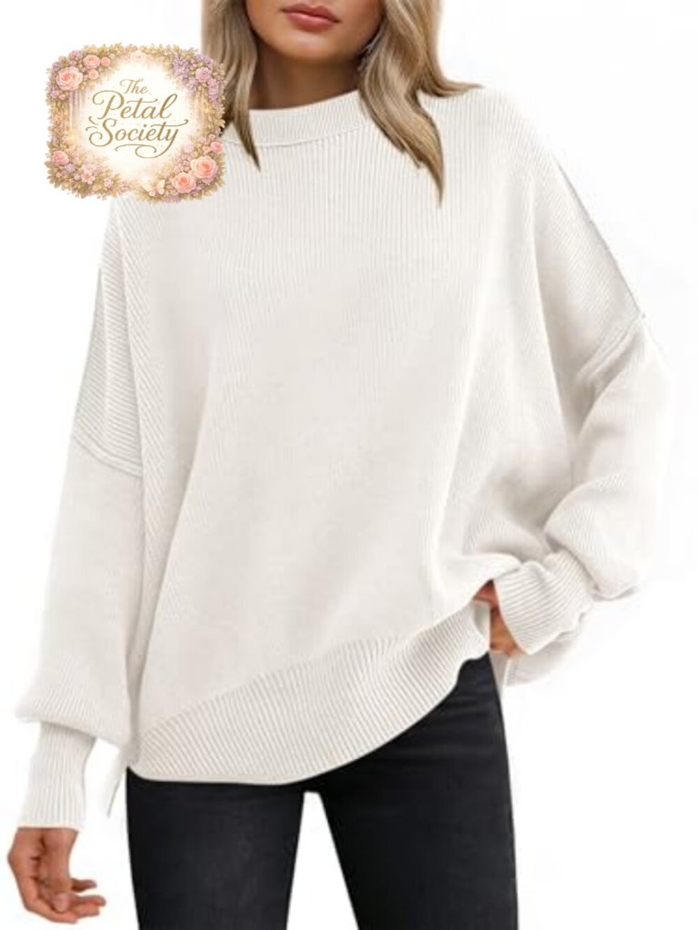 Oversized Chunky Ribbed Knit Sweater Batwing Sleeve Loose Fit Crewneck